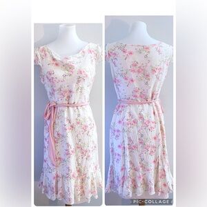 90s Silk Ann Taylor Pink and Cream Floral Midi Dress Fairy Cottagecore Regency